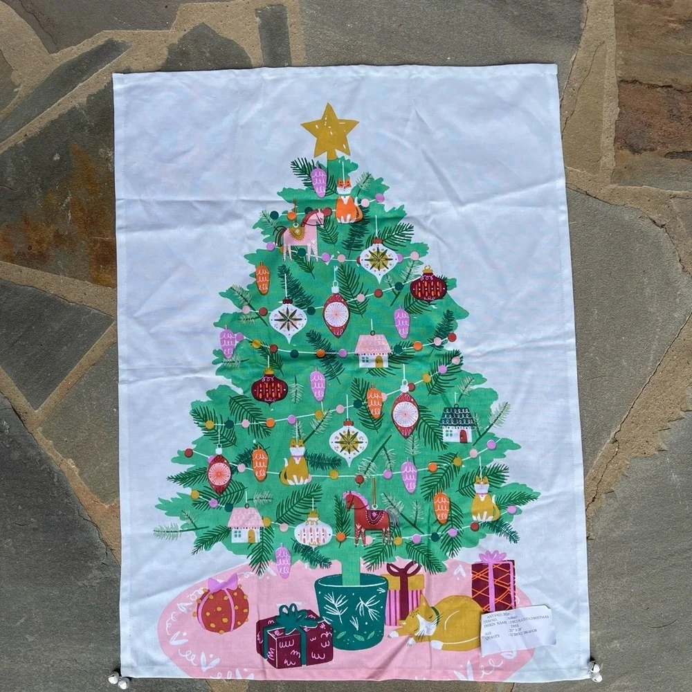 Anthropologie- Decorated Christmas Tree With Bells Dish Towel